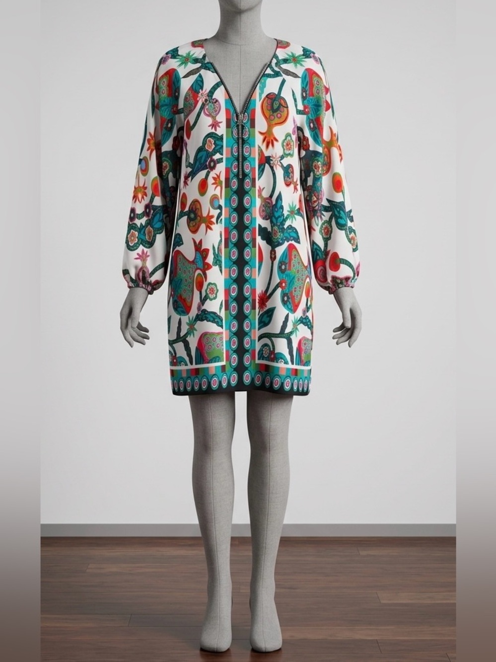 Zele White Floral & Teal Zip-Front Mini Dress